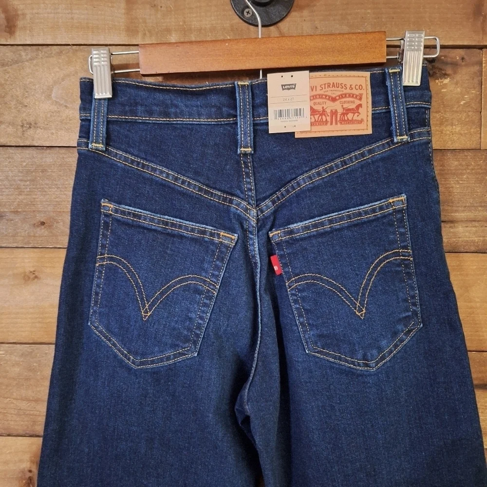 Levis Ribcage Straight Ankle Distressed Dark Wash Jeans SZ 24